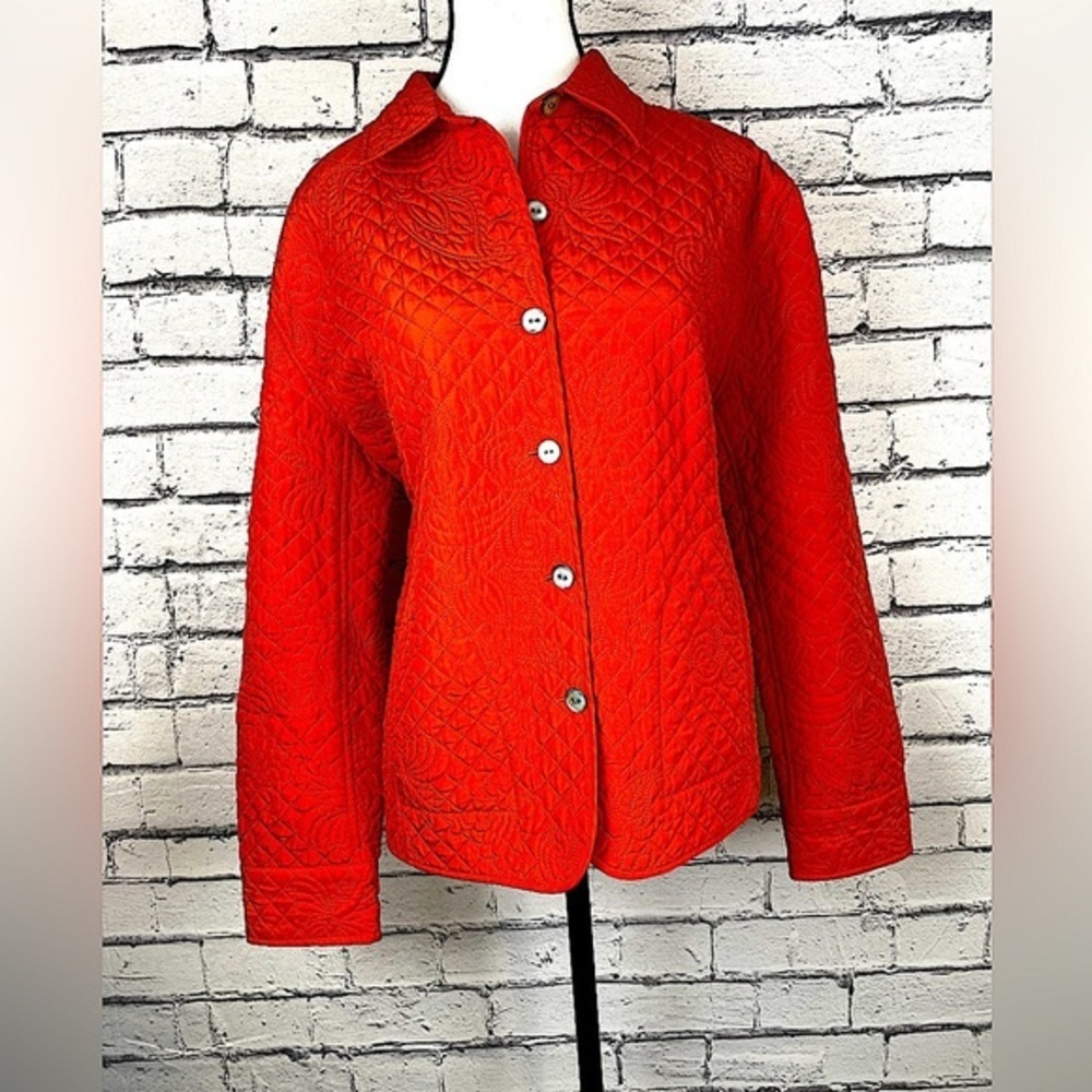 Chicos Quilted Embroidered Orange Jacket size Large Button Up Boho Mid Weight